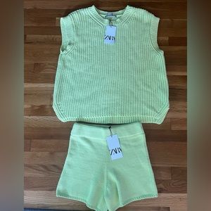Zara cotton blend knit vest and matching shorts. Lime green color.